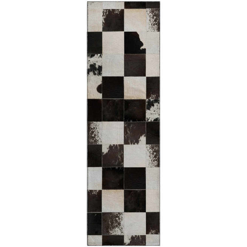 Close-up of Dalyn Luxury Bozeman BM10 Black Washable Area Rug. Features a black and beige checkerboard pattern.