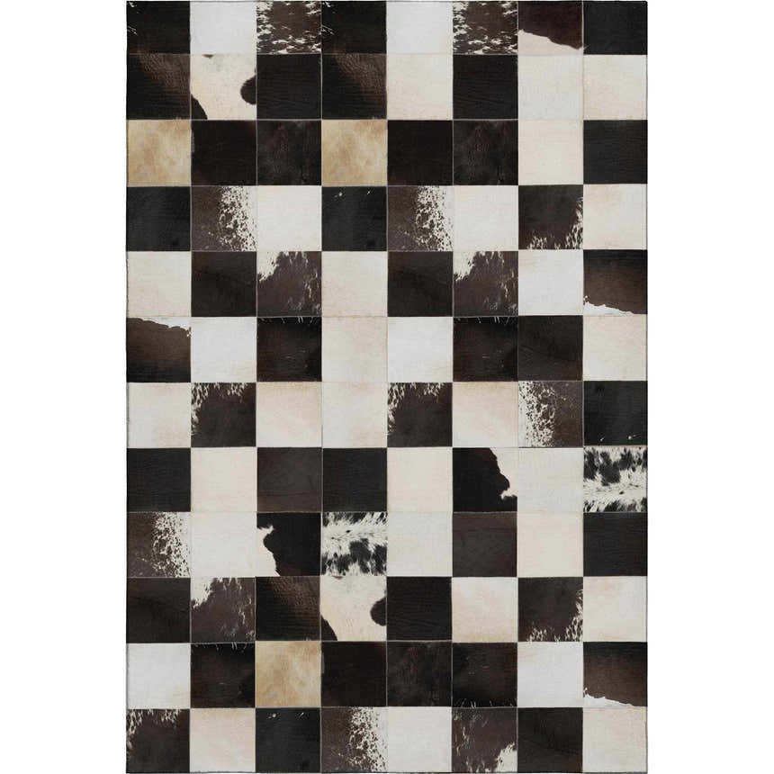 Close-up of Dalyn Luxury Bozeman BM10 Black Washable Area Rug with beige, black, and chestnut square patchwork design.