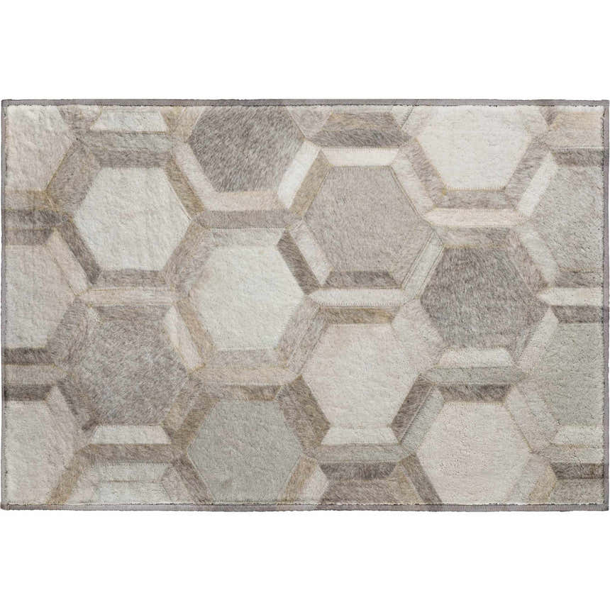Dalyn Luxury Bozeman BM1 Gray Washable Area Rug with a geometric hexagon pattern in beige, taupe, and gray tones.