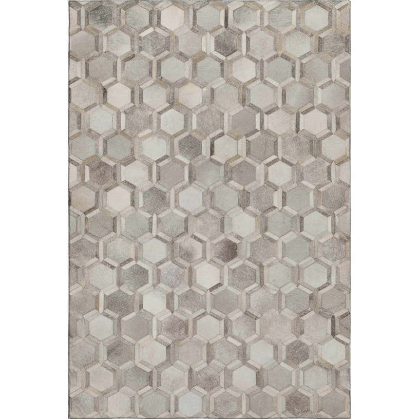 Dalyn Luxury Bozeman BM1 Gray Washable Area Rug with geometric hexagon pattern in beige, black, chestnut, and taupe.