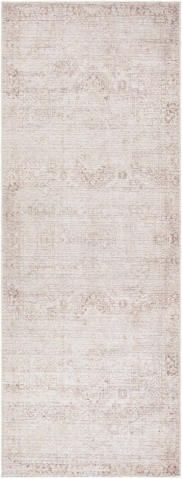 Close-up of the Galey Alix Collins Avenue V Vintage Medallion Rug. Beige, dark red, ivory, and light gray farmhouse style. Design-Runner-2773