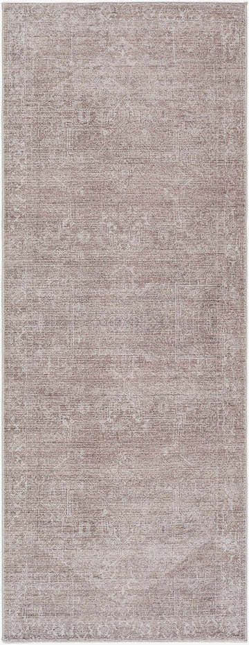 Close-up of the Galey Alix Collins Avenue VI Vintage Medallion Rug. Features a traditional, distressed dark brown and ivory pattern. Design-Runner-2773