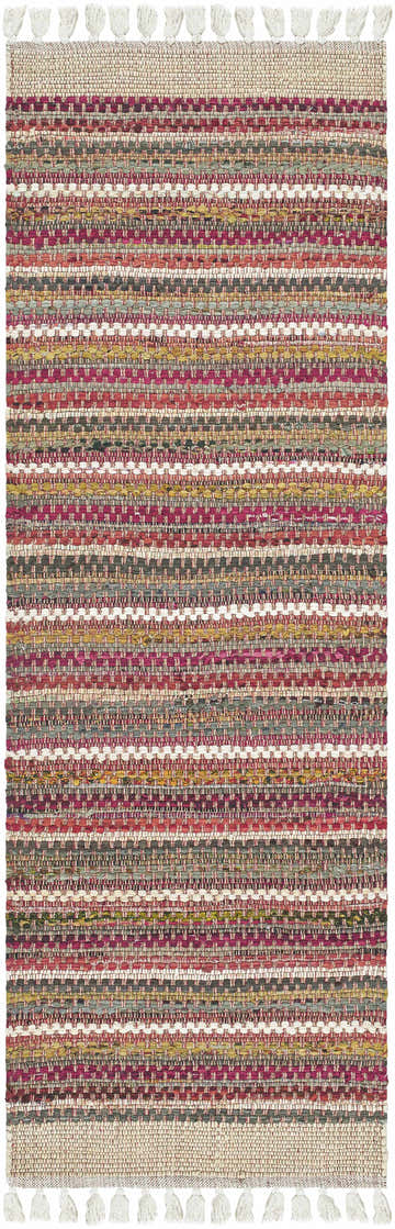 Close-up of the hand woven Brenda Crimson Area Rug, featuring stripes of red, gold, gray, and white with tassels. Design-Runner-268