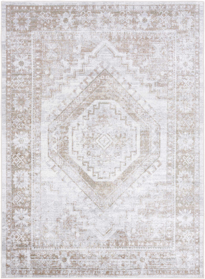 Close-up of the Bienne Washable Area Rug. Beige and tan farmhouse style rug with traditional geometric patterns. Design-Rectangle-537