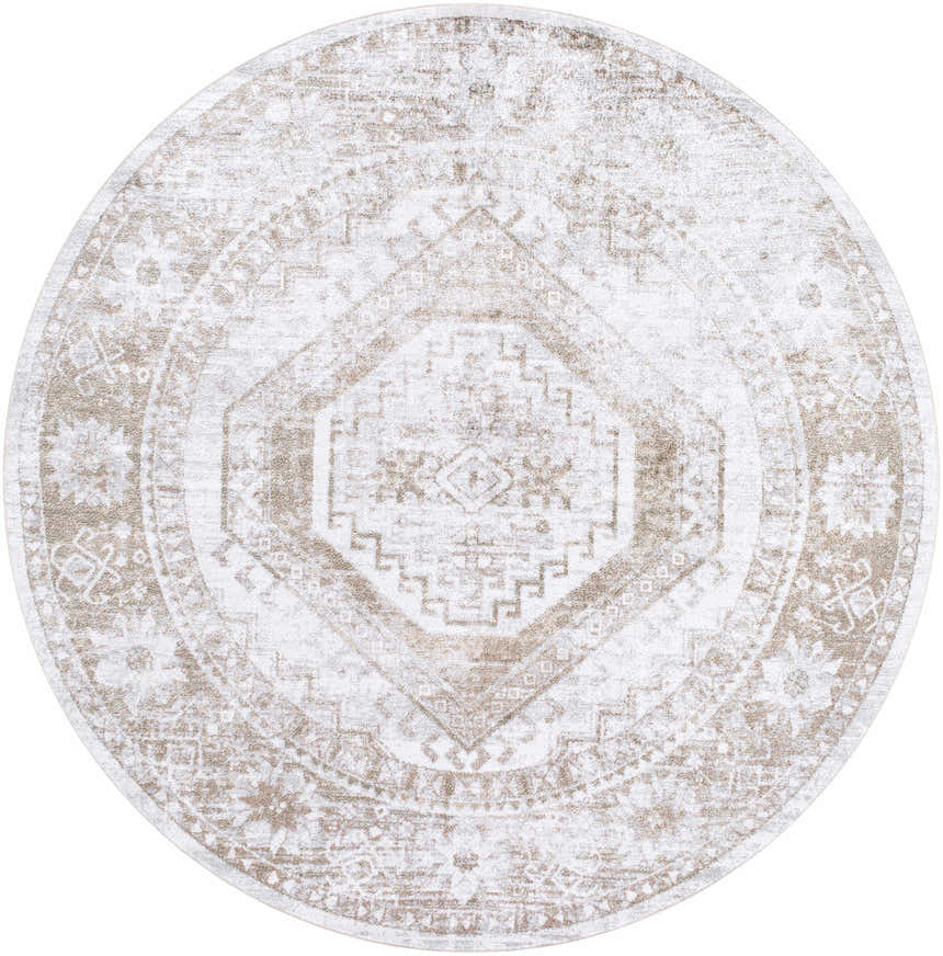 Close-up of a round Bienne Washable Area Rug; beige and tan traditional pattern. Design-Round-67