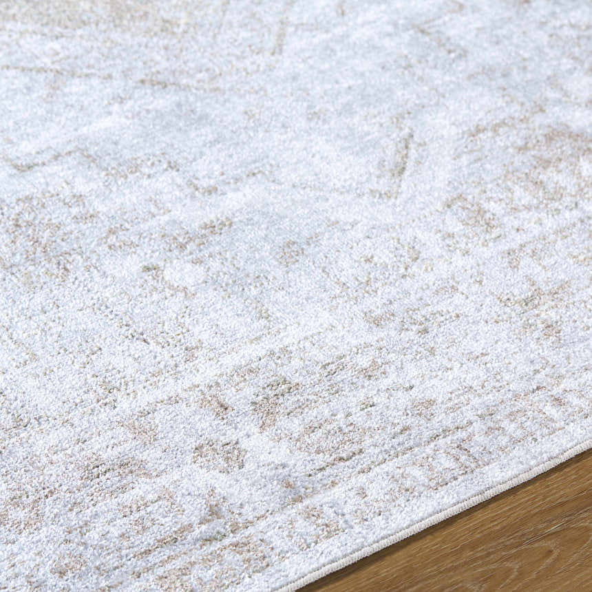 Close-up of the Bienne Washable Area Rug. Beige and tan farmhouse style rug with a subtle traditional pattern. Texture