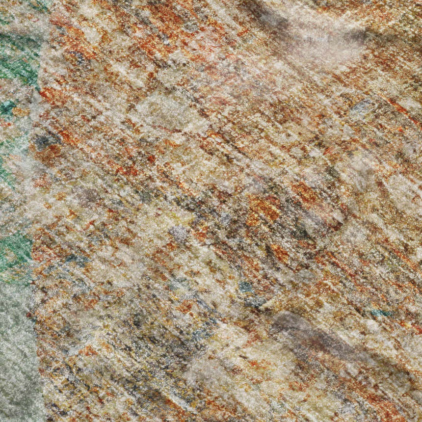 Close-up of the Dalyn Luxury Boca BO11 Teal Washable Area Rug. Features beige, caramel, paprika, sage, and teal colors.