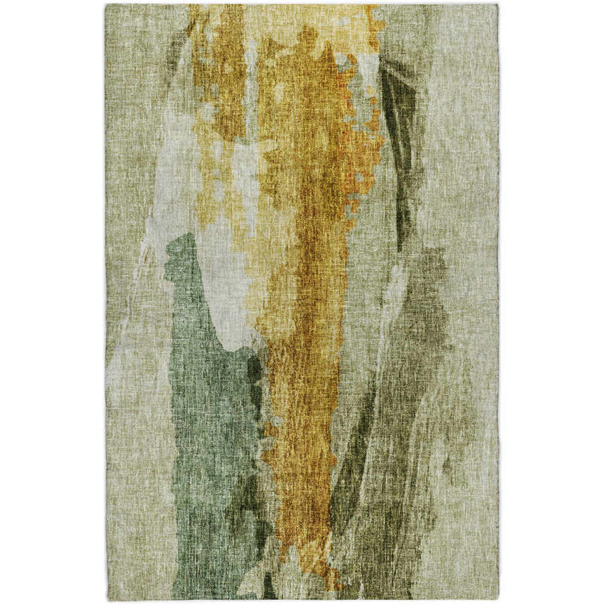 Close-up of the Dalyn Luxury Boca BO6 Aloe Washable Area Rug, featuring aloe, beige, chestnut, and gold abstract patterns.