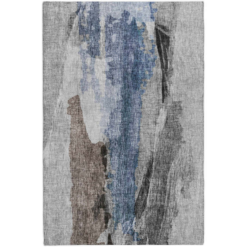 Abstract design of the Dalyn Luxury Boca BO6 Pewter Washable Area Rug. Denim, ivory, and gray tones.