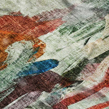 Close-up of the Dalyn Luxury Boca BO8 Paprika Washable Area Rug showing its beige, paprika, and blue abstract design.