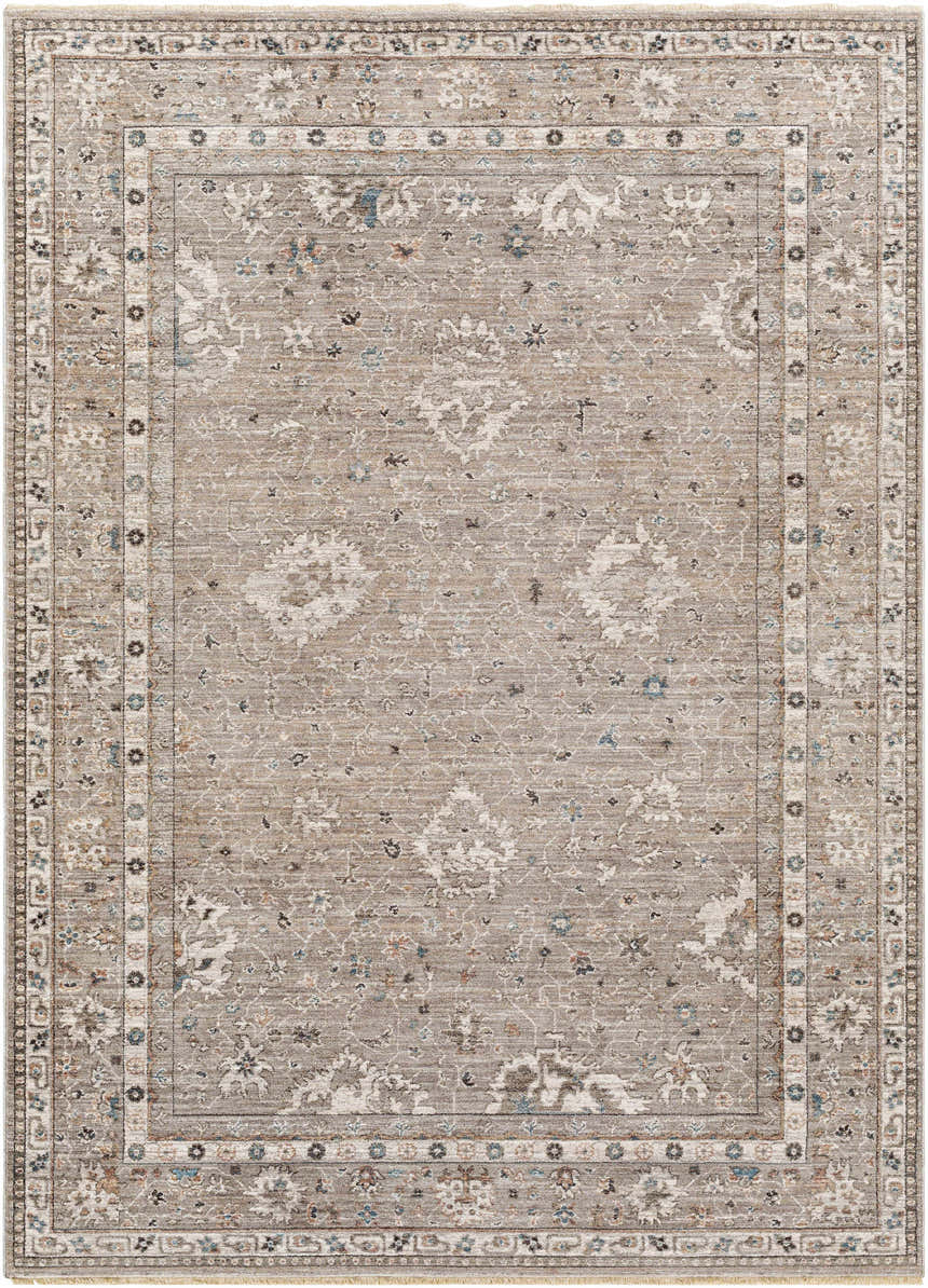 Detailed shot of the Bolitoc Area Rug in brown, charcoal, ivory, pale blue, and sage with a traditional oriental pattern. Design-Rectangle-537