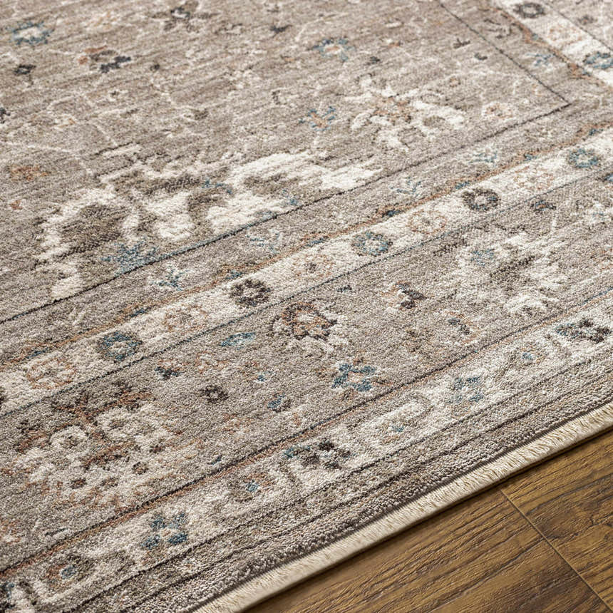 Close-up of the Bolitoc Area Rug. Brown, ivory, charcoal, and pale blue oriental pattern on polyester rug. Texture