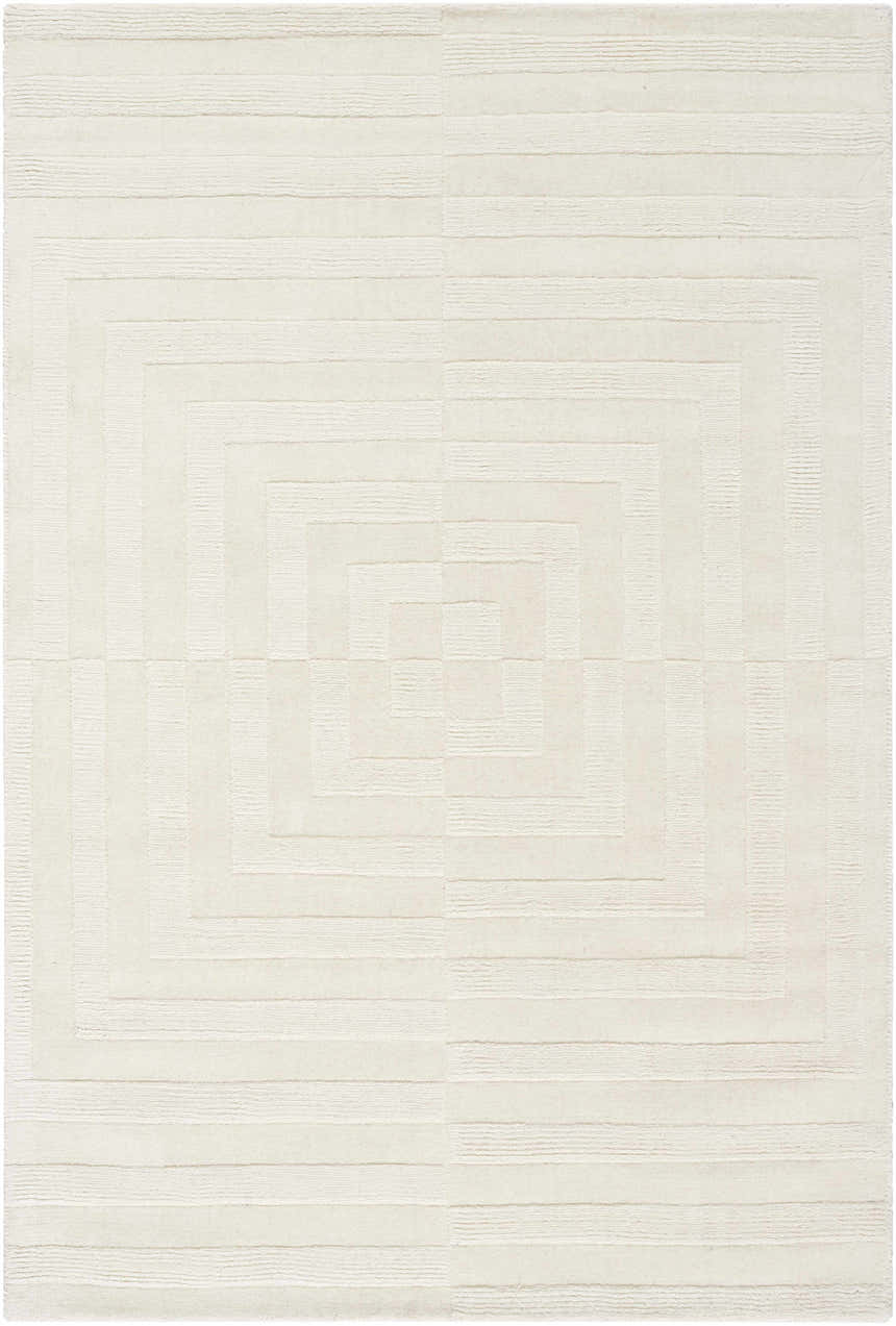 Close-up of the cream Armina Area Rug featuring a contemporary geometric pattern and hand-loomed wool texture. Design-Rectangle-576