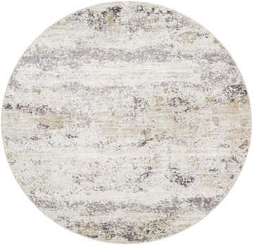 Close-up of round Behzad Ivory Area Rug. Southwestern style with charcoal, cream, gray, olive, and tan colors. Machine woven texture. Design-Round-53