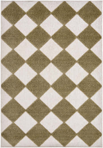 Close-up of Bosley Olive Washable Area Rug. Features a diamond pattern with off-white and olive colors. Contemporary style. Design-Rectangle-57