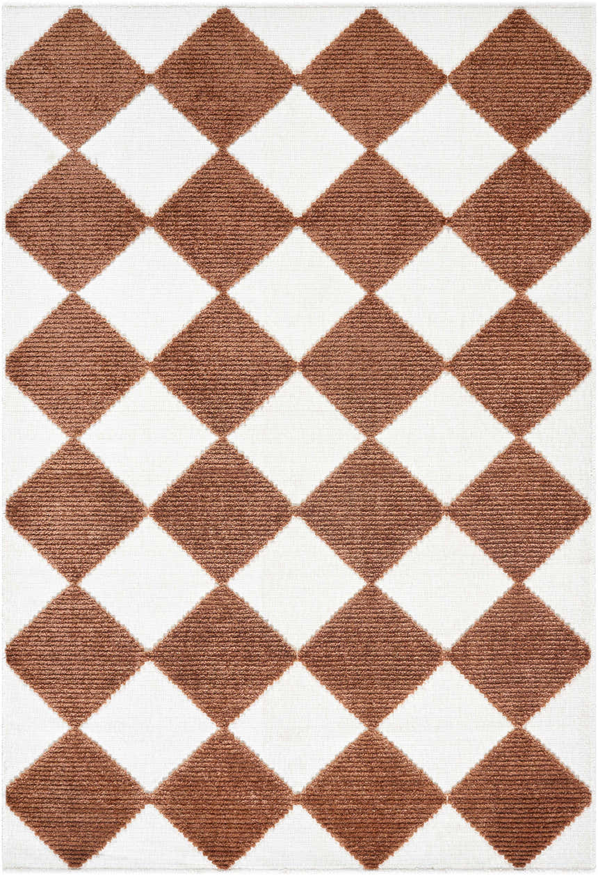 Close-up of the Bosley Brown Washable Area Rug featuring a brown and off white diamond pattern. Contemporary style. Design-Rectangle-57