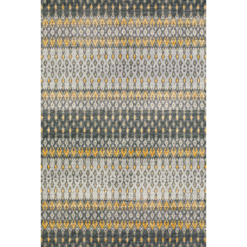 Close-up of Dalyn Brisbane BR1 Pewter Washable Area Rug. Gold, medium gray, and taupe diamond pattern. Casual style.