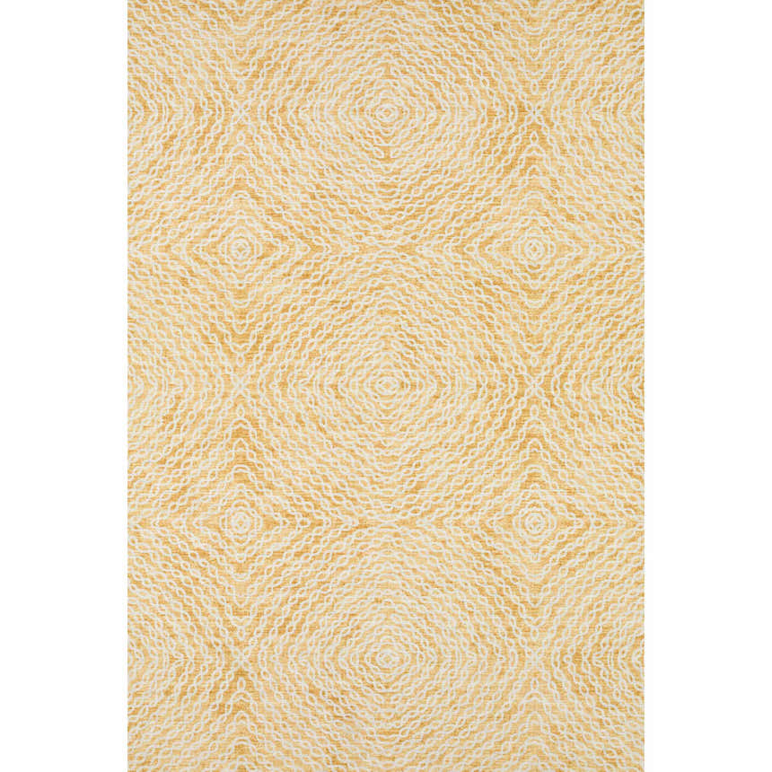 Close-up of the Dalyn Brisbane BR3 Gold Washable Area Rug. Features a geometric diamond pattern in beige, gold, and yellow.