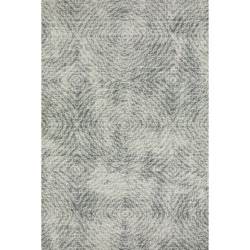 Close-up of Dalyn Brisbane BR3 rug. Machine-made polyester rug in beige, silver gray, and taupe with a casual geometric pattern.