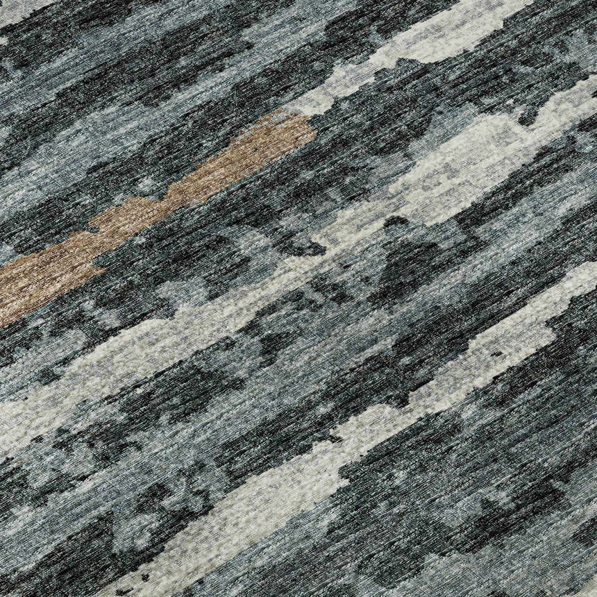 Close-up of the Dalyn Brisbane BR4 Midnight Washable Area Rug. Features beige, light brown, midnight, and taupe diagonal stripes.