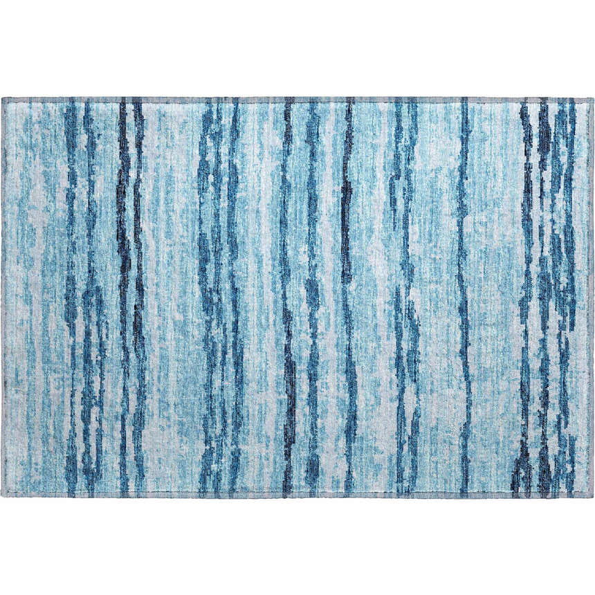 Close-up of Dalyn Brisbane BR4 Sky Washable Area Rug. Features a sky blue, navy, and white striped pattern.