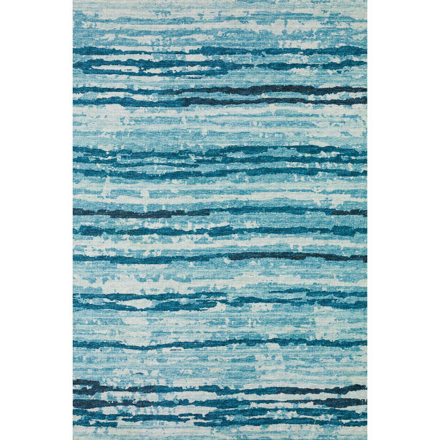 Close-up of Dalyn Brisbane BR4 Sky Washable Area Rug. Features stripes in sky blue, teal, navy, and light blue.