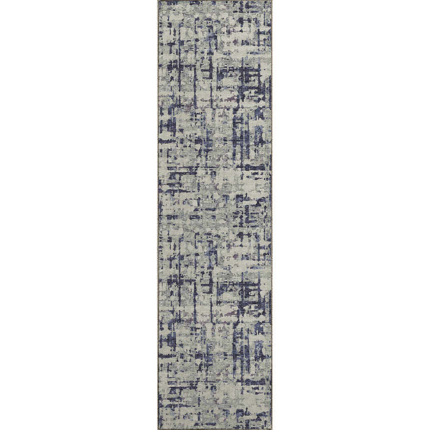 Close-up of the Dalyn Brisbane BR5 Eggplant Washable Area Rug. Features a dark purple, purple, and taupe abstract design.