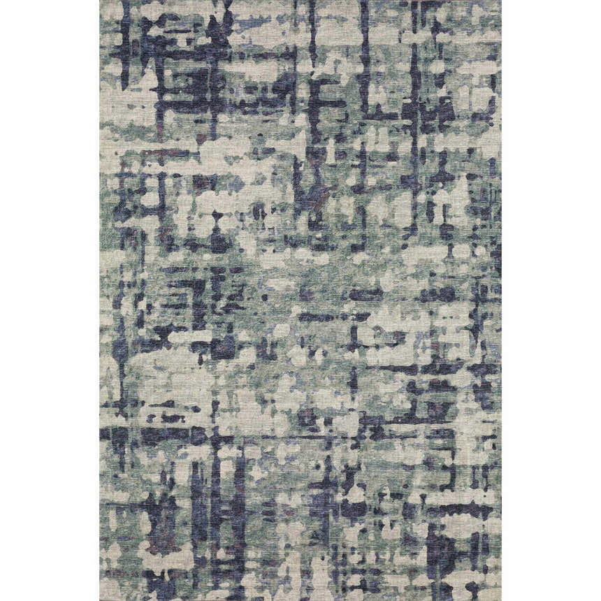 Close-up of the Dalyn Brisbane BR5 Eggplant rug. Abstract design in dark purple, purple, and taupe. Machine-made polyester rug.