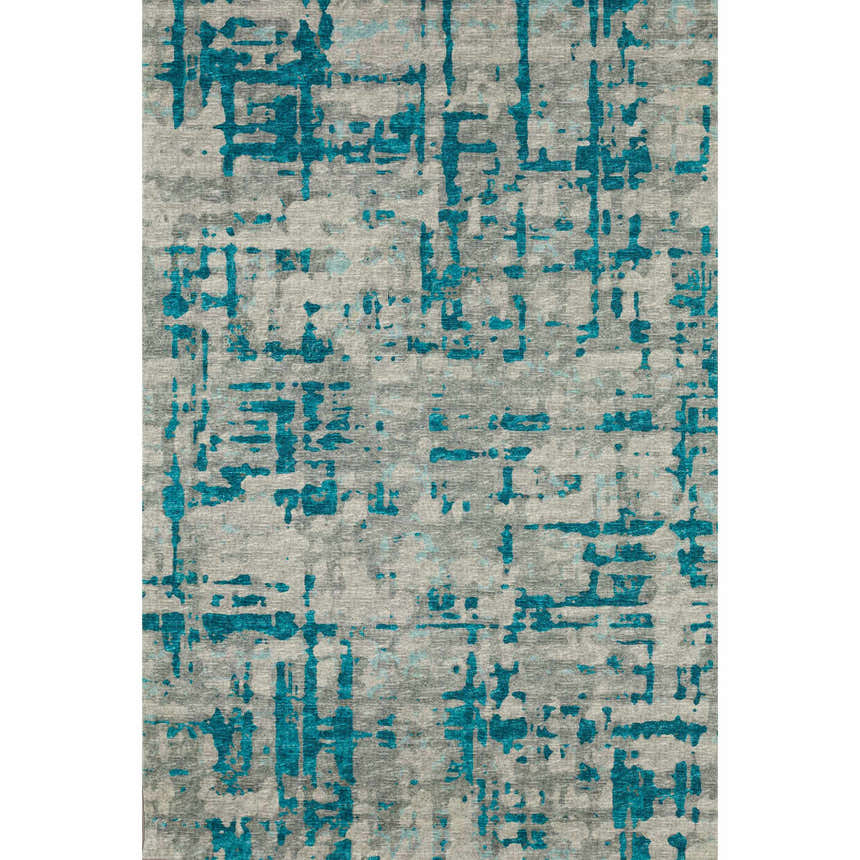 Close-up of Dalyn Brisbane BR5 Teal Washable Area Rug. Features a gray base with a teal abstract pattern.