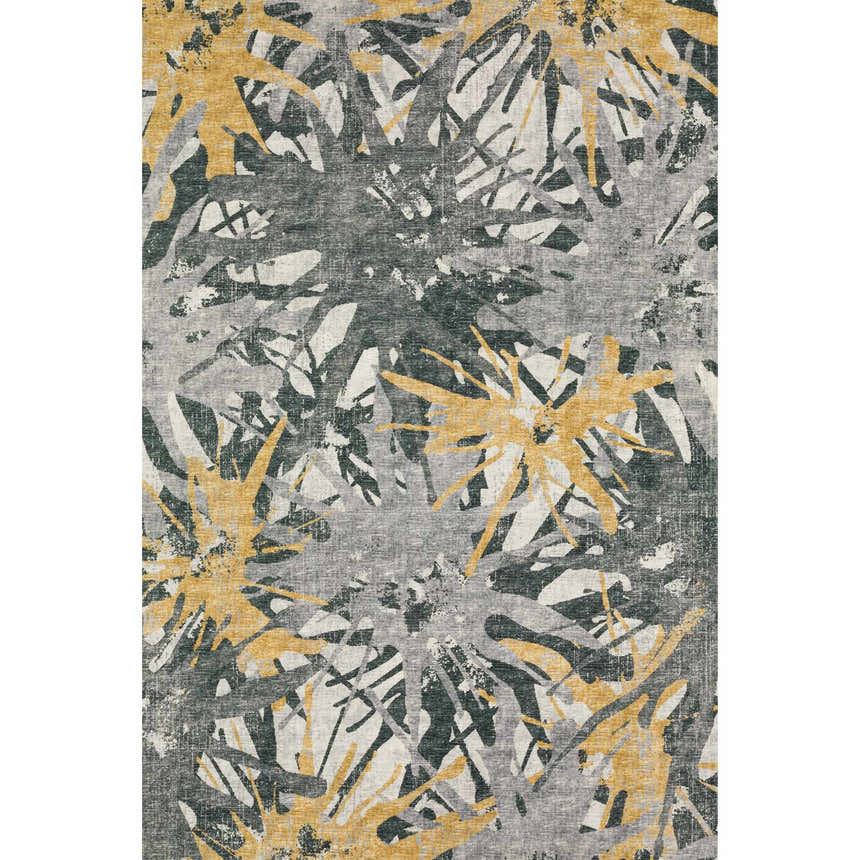 Close-up of Dalyn Brisbane BR6 Gold Washable Area Rug. Features a casual abstract pattern in gold, taupe, and yellow.
