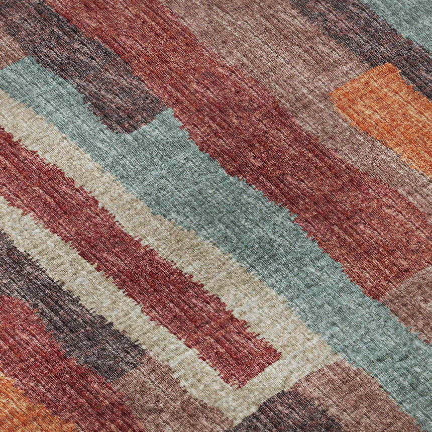 Close-up of Dalyn Brisbane BR7 Canyon Washable Area Rug. Features beige, brown, paprika, and spa blue stripes.
