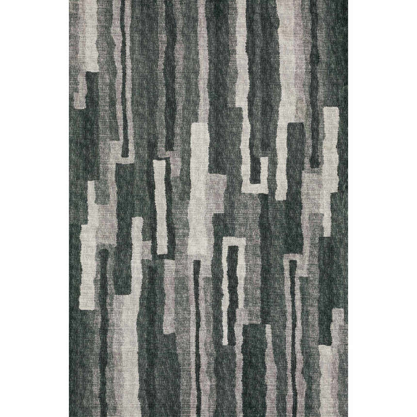 Close-up of the Dalyn Brisbane BR7 Midnight Washable Area Rug. Beige, taupe, and midnight abstract pattern. Machine-made polyester.