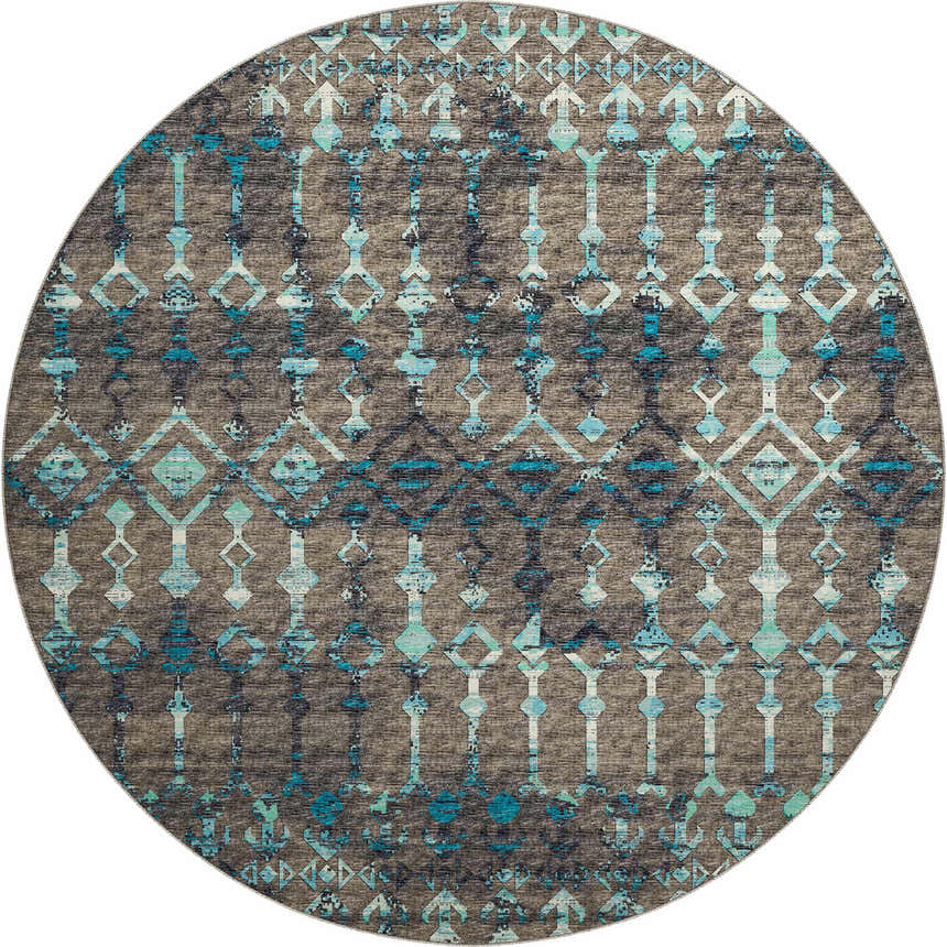 Close-up of the round Dalyn Brisbane BR8 Sable Washable Area Rug. Features a brown base with light blue and navy geometric patterns.