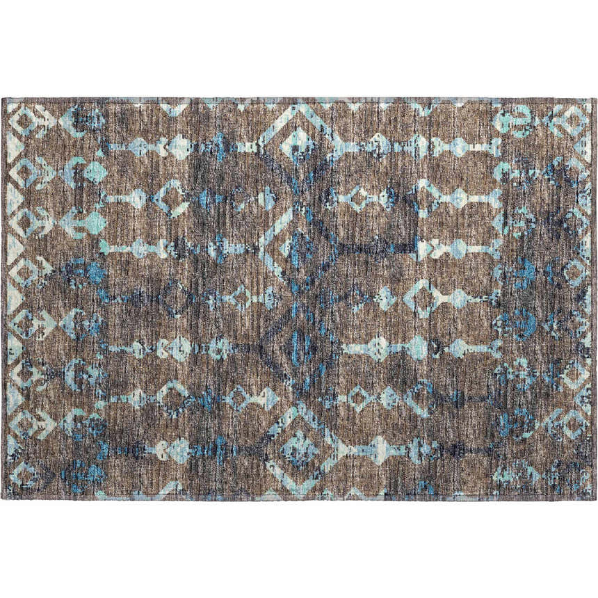 Close-up of Dalyn Brisbane BR8 Sable Washable Area Rug. Brown rug with light blue, navy, and taupe geometric pattern.