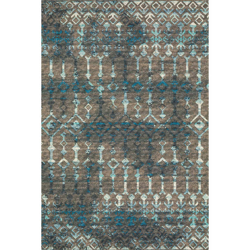 Close-up of Dalyn Brisbane BR8 Sable Washable Area Rug. Brown rug with light blue and navy geometric pattern.