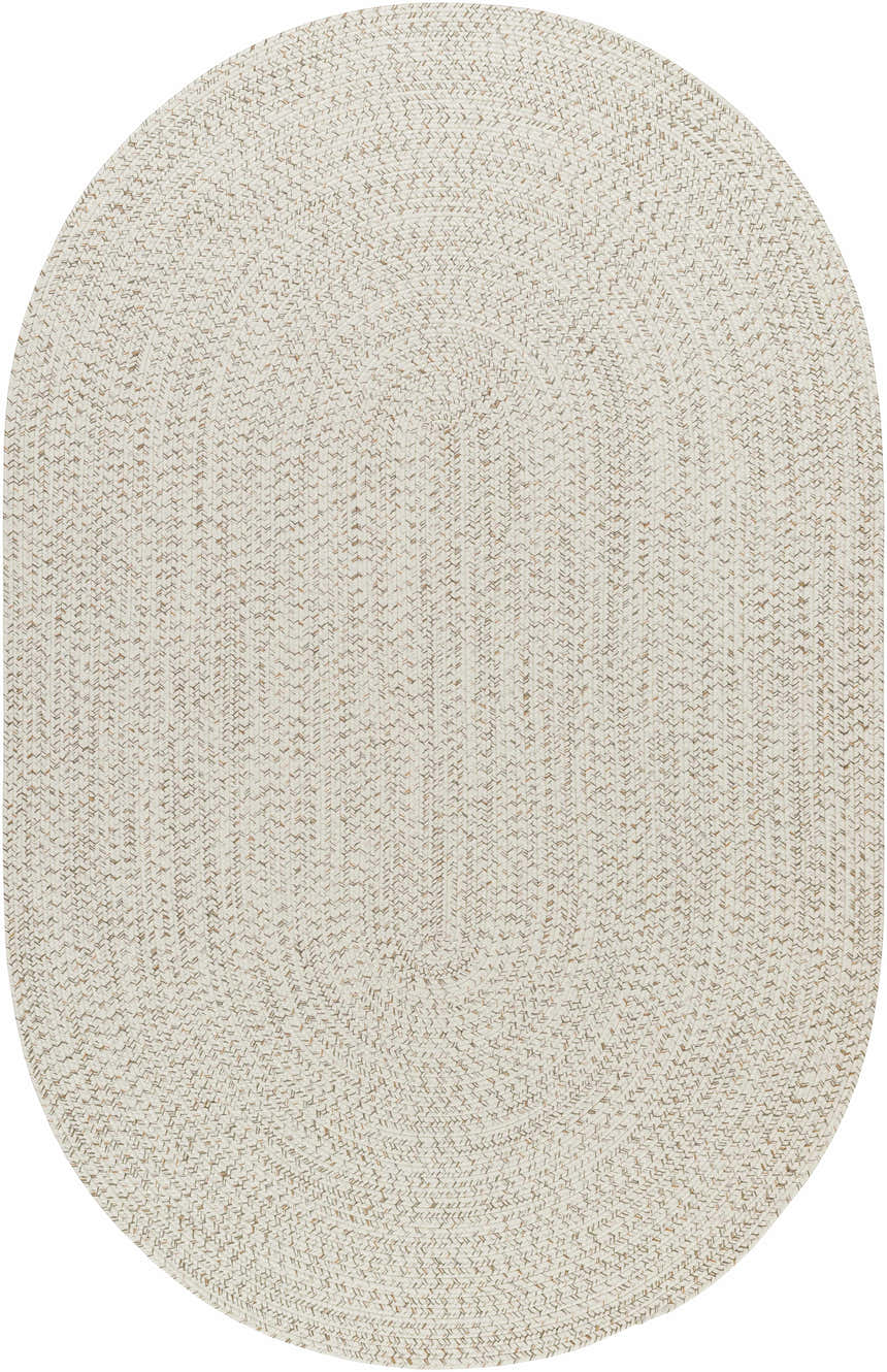 Oval Beige Braided Faux Jute Rug with a woven texture in bleached jute, brown, charcoal, and cream colors. Design-Oval-576