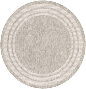 Close-up of the oval Burradoo Bordered Area Rug. Beige and gray woven texture with a striped border design. Design-Round-53