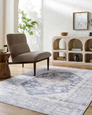 Living room scene with a beige chair and the Lorelai Vivir x LIVABLISS washable area rug in beige and blue. Roomscene-Rectangle