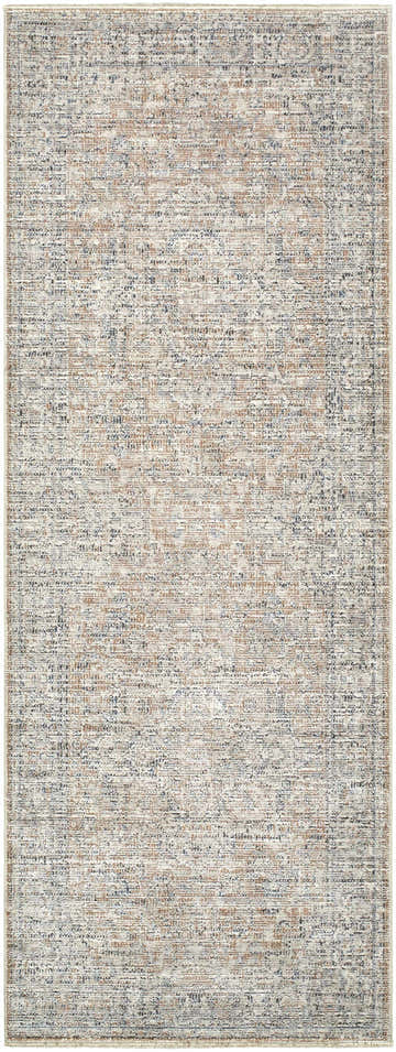 Close-up of Galey Alix Maria Elena III Ivory Vintage Rug. Beige, brown, red, and navy create a traditional, textured pattern. Design-Runner-2773