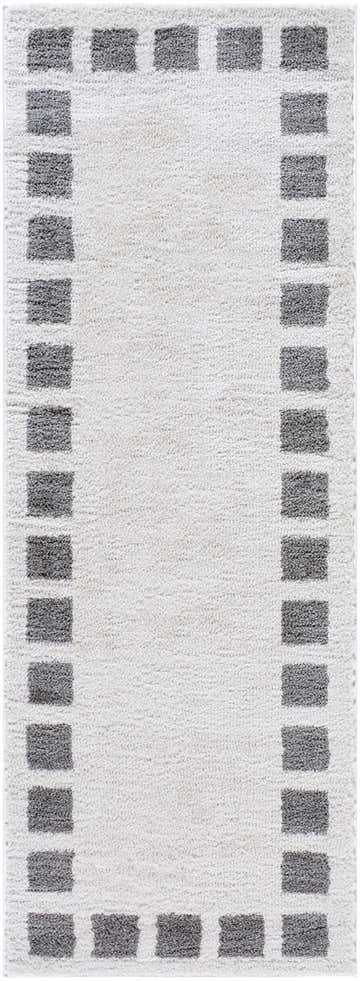 Close-up of the Beynon Charcoal Washable Area Rug. Features a charcoal square border on a light gray, textured rug. Design-Runner-2773