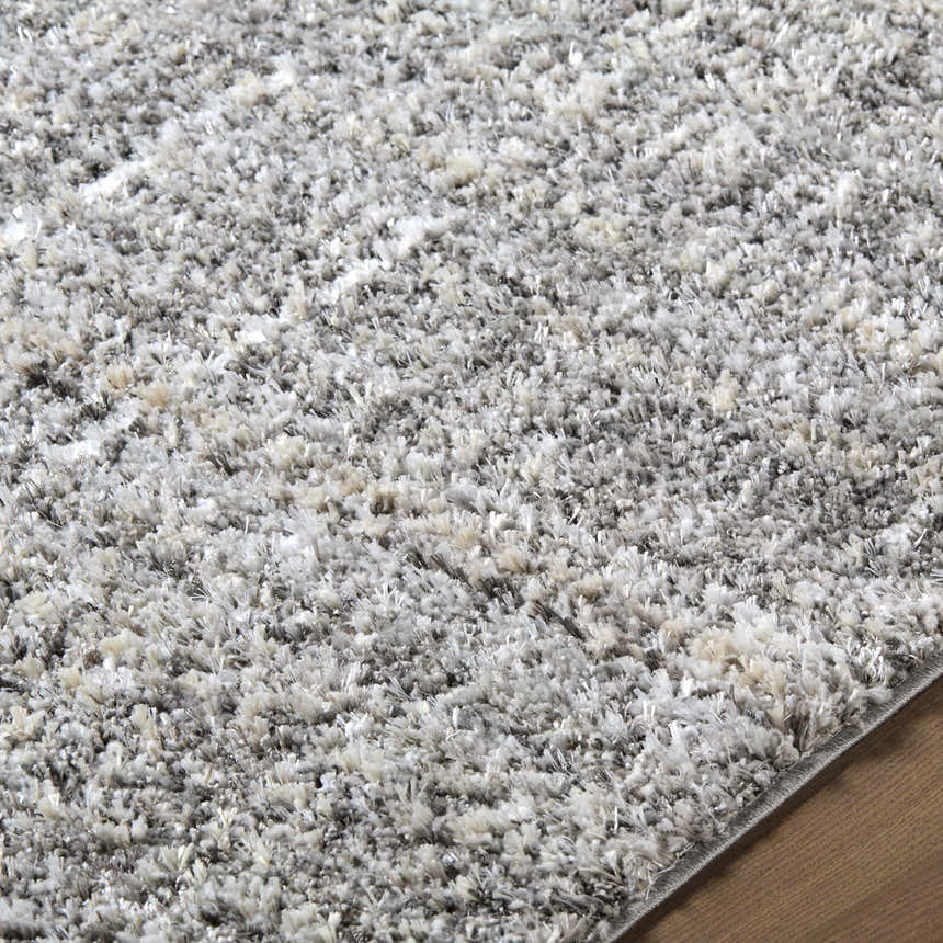 Close-up of the Reyoa Light Gray area rug, showing its soft, textured polyester pile and subtle color variations. Texture