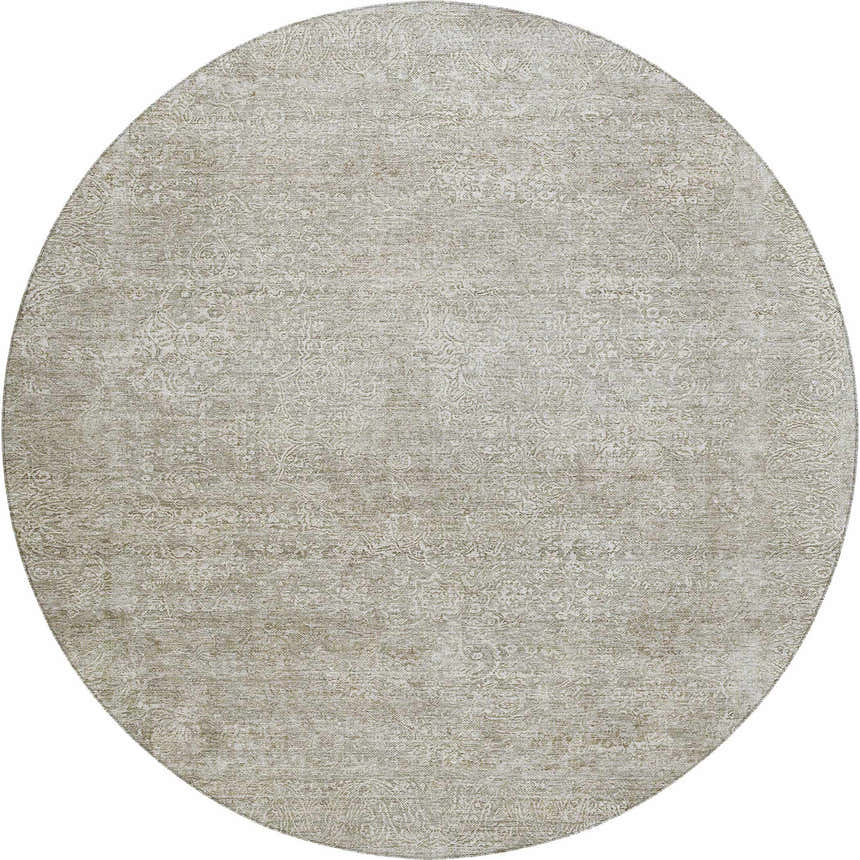 Close-up of the round Dalyn Luxury Burano BU10 Linen Washable Area Rug, featuring beige, chestnut, and putty tones.