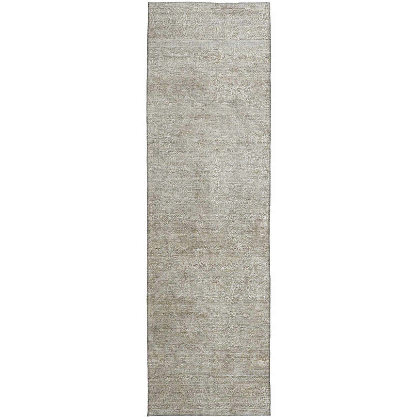 Close-up of the beige and chestnut Dalyn Luxury Burano BU10 Linen Washable Area Rug with a farmhouse-style pattern.