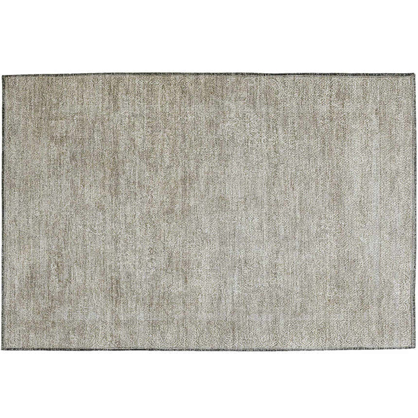 Close-up of a Dalyn Luxury Burano BU10 Linen Washable Area Rug. Beige, chestnut, and putty colors with a subtle pattern.