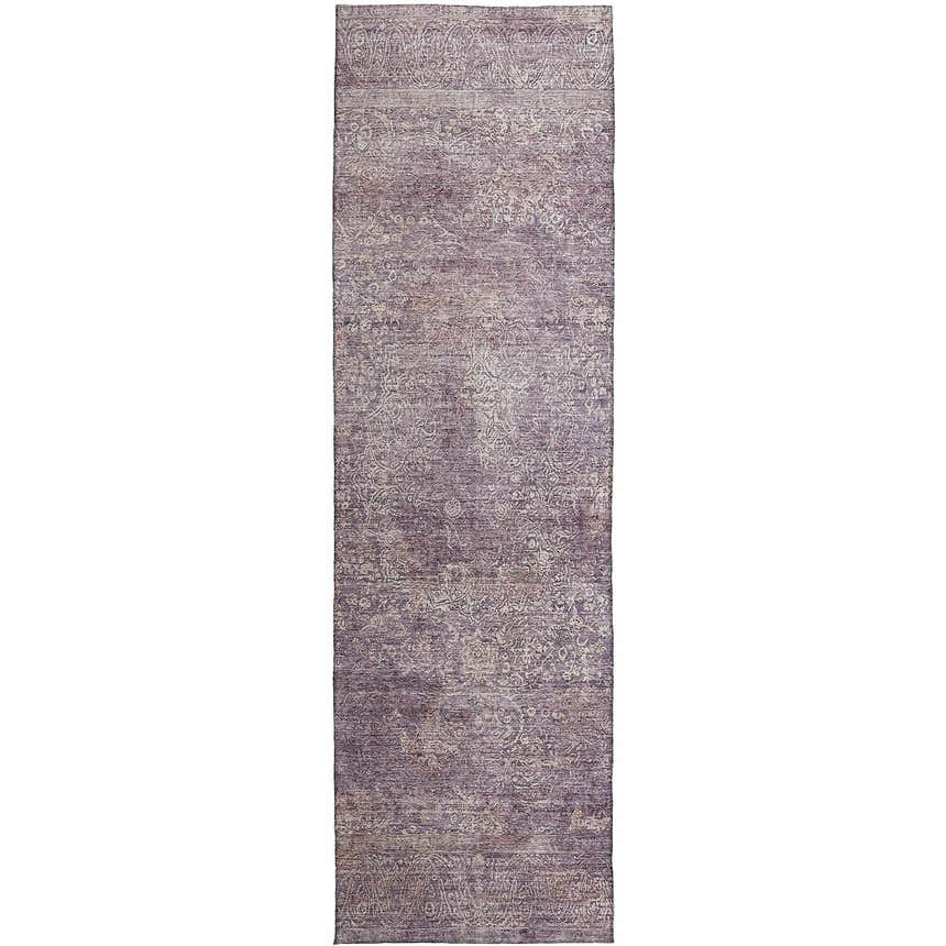 Close-up of a Dalyn Luxury Burano BU10 Plum Washable Area Rug runner with a traditional floral pattern in plum and light purple.