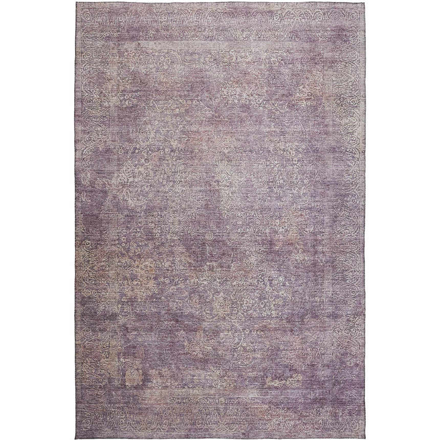 Close-up of the Dalyn Luxury Burano BU10 Plum Washable Area Rug. Features a distressed floral pattern in purple and chestnut tones.
