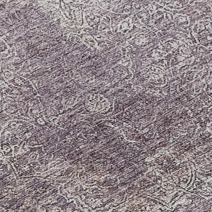 Close-up of Dalyn Luxury Burano BU10 Plum Washable Area Rug. Chestnut, purple tones, farmhouse style, machine-made texture.