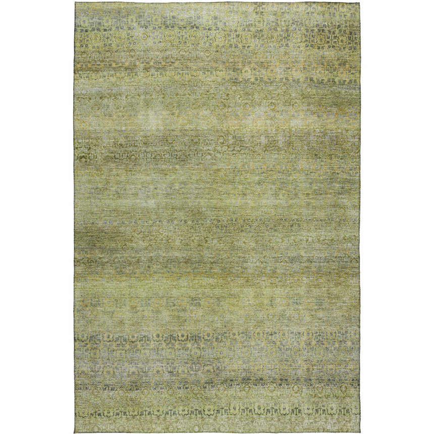 Close-up of the Dalyn Luxury Burano BU12 Aloe Washable Area Rug, featuring a vintage-inspired green, beige, and taupe pattern.