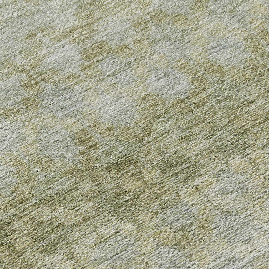 Close-up of the Dalyn Luxury Burano BU6 Aloe Washable Area Rug, showing its green, beige, and silver gray textured pattern.