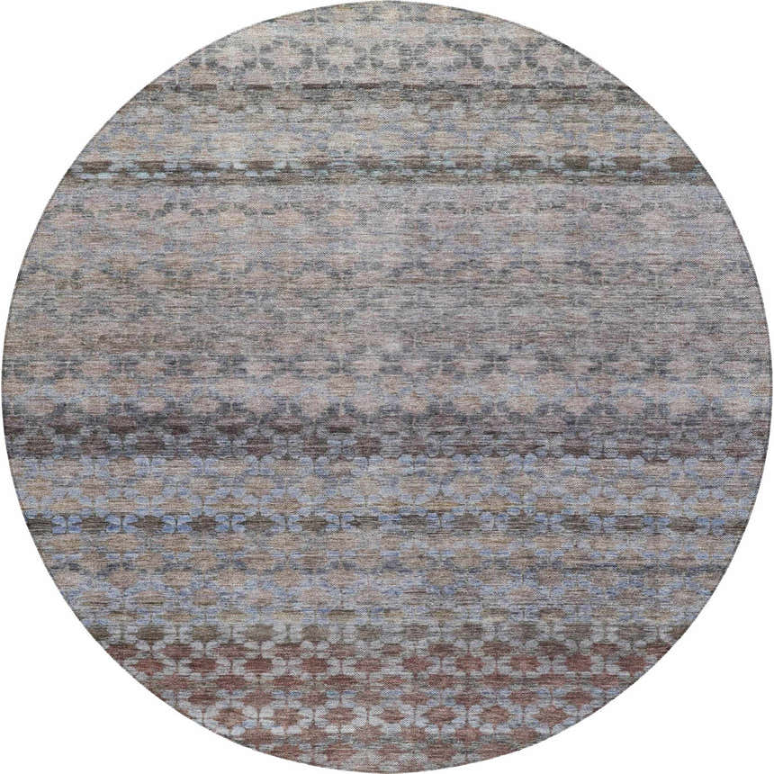 Close-up of round Dalyn Luxury Burano BU6 Brown Washable Area Rug. Beige, brown, and blue farmhouse style pattern.